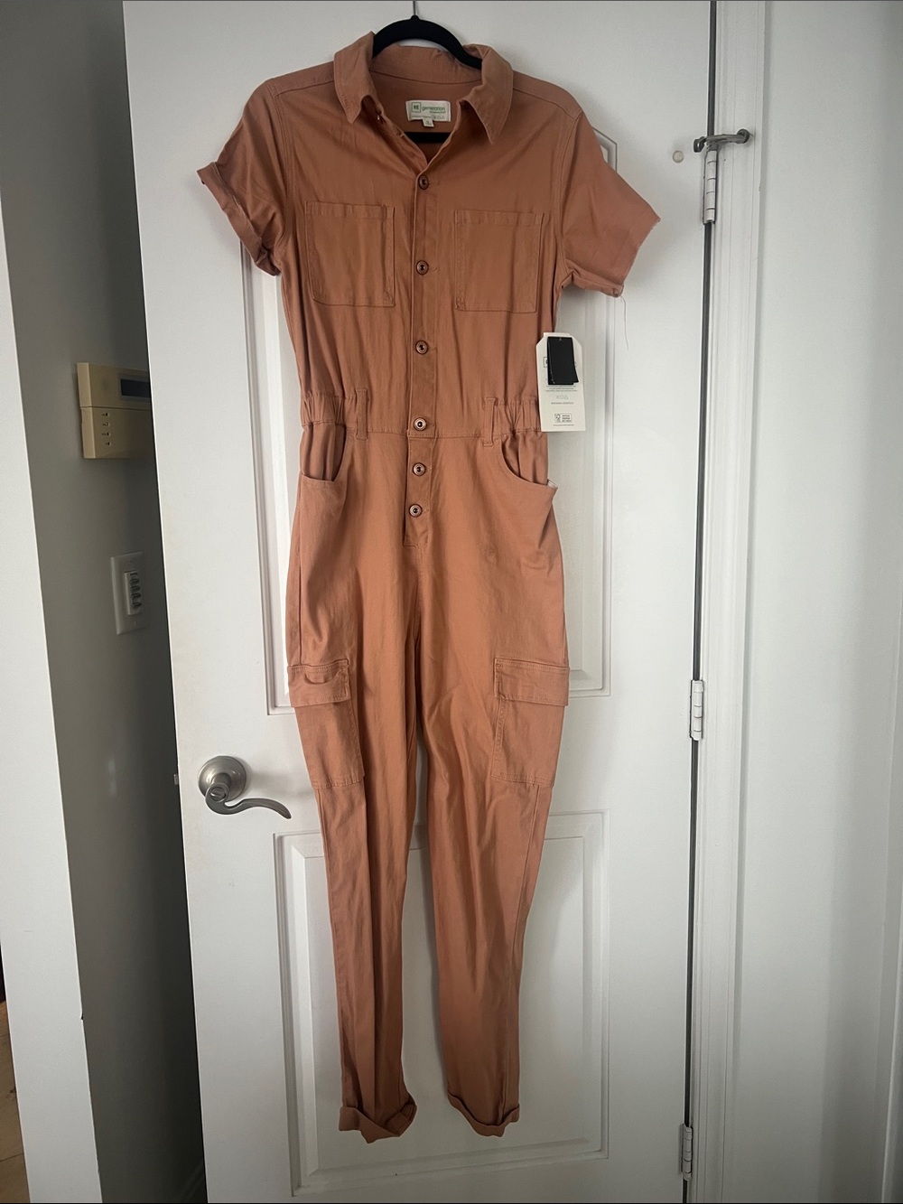 Celebrity Pink Short-Sleeve Button-Front Jumpsuit in muted copper color